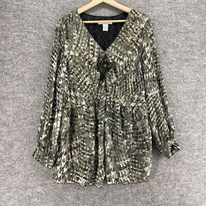 Icicle Blouse Women 1X Plus Gray Geometric V-Neck Long Sleeve Pullover Casual